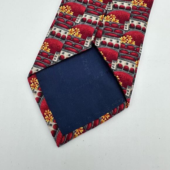 Ermenegildo Zegna Silk Necktie Red Orange Multi Print Designo Exclusiva - Picture 4 of 9